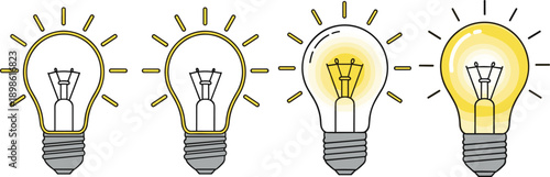 Light bulb idea progression illustration set, creative thinking and innovation concept showing brightness stages for startup ideas, problem solving, education, and user interface design