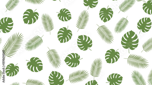Seamless pattern of various green tropical leaves including monstera and palm fronds on a white background.