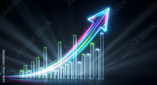 A vibrant neon arrow ascends above a bar graph with radiant beams in a dark background