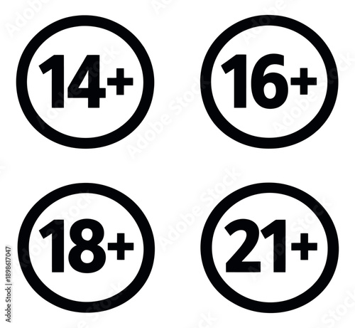Line art age restriction symbols set featuring 14 plus, 16 plus, 18 plus, and 21 plus signs for content and media guidance