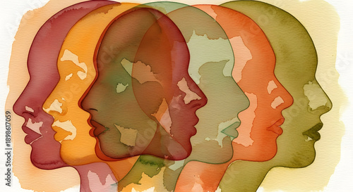 A vibrant illustration of multiple human faces in different colors and overlapping profiles