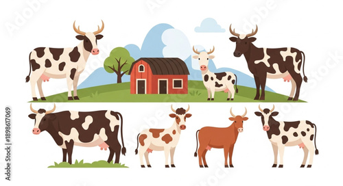 Collection of Farm Cows and Barn Illustration.