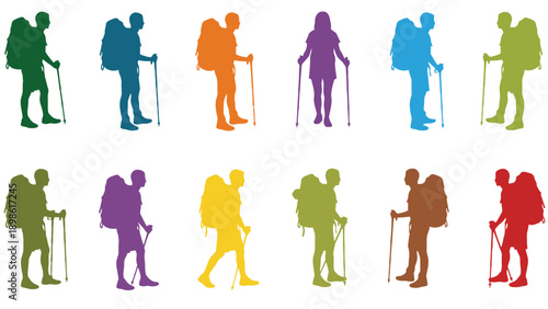 A group of colorful hikers walking in different poses and directions