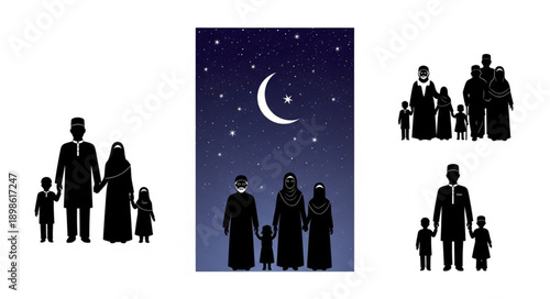 Muslim Family Silhouettes Under Starry Night Sky.