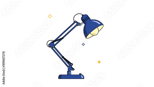 Classic blue desk lamp with an adjustable arm and a lit bulb isolated on a white background with stars.