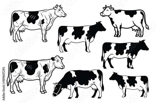 Cow Sketch Collection Line Art Vector Illustration Set for Farm Agriculture Sticker Tshirt Print and Creative Design