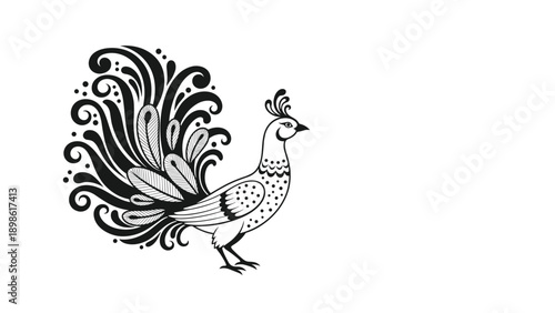 Artistic black and white line drawing of a decorative peacock with a large patterned tail and ornate details.