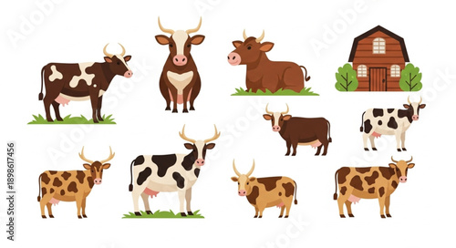 Collection of various cartoon cows and a barn illustration.