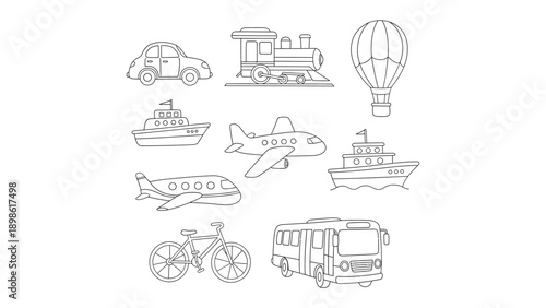 Transportation Collection: A collection of various transportation modes, artfully sketched in a minimalist, black-and-white style. The image highlights a car, train, hot air balloon, ship, airplane.