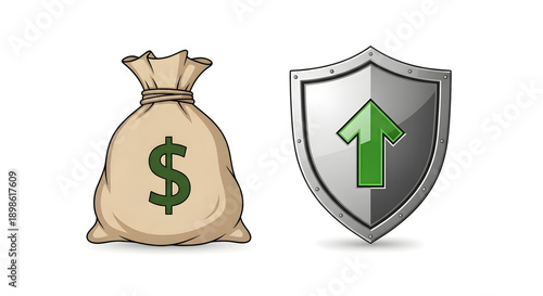 A money bag and shield with an upward arrow represent financial security and growth.
