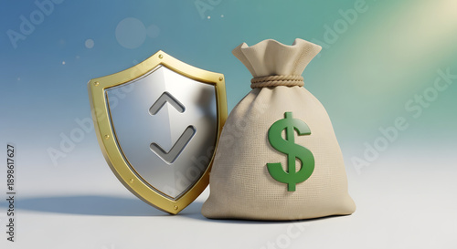 A shield and a money bag represent financial security and protection