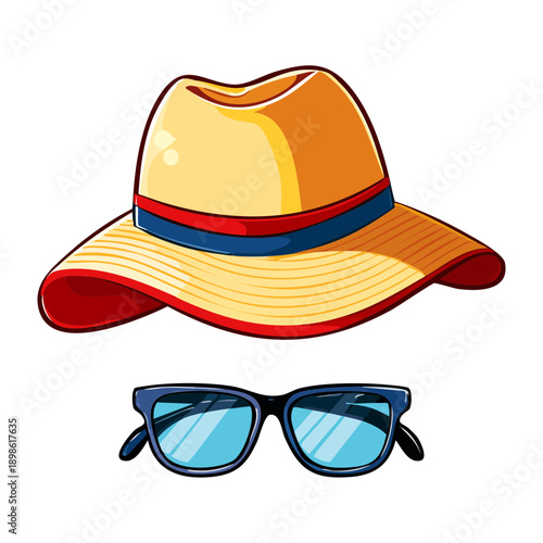 Wide brim straw hat with red ribbon and blue sunglasses for elegant summer beach Graphic Asset