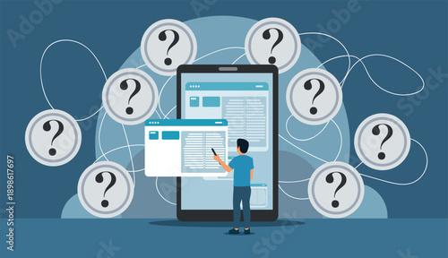 Person Interacting with Smartphone and Floating Web Interface Surrounded by Question Icons
