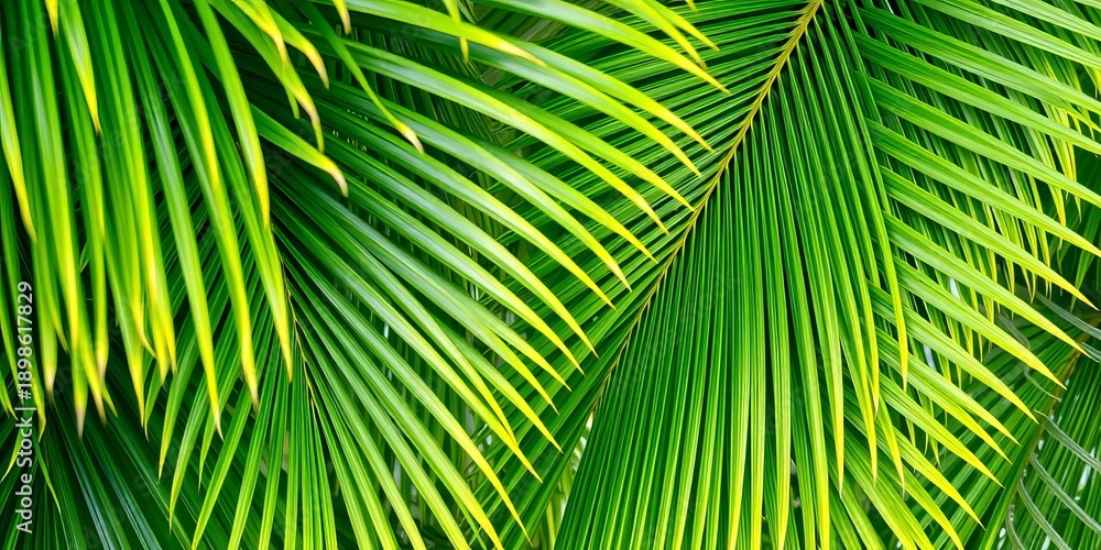 Fototapeta premium Dense, overlapping palm fronds create a textured green background, design, jungle