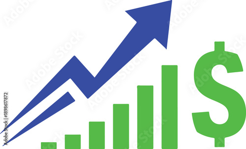 Growing profit and financial success with upward arrow and dollar sign