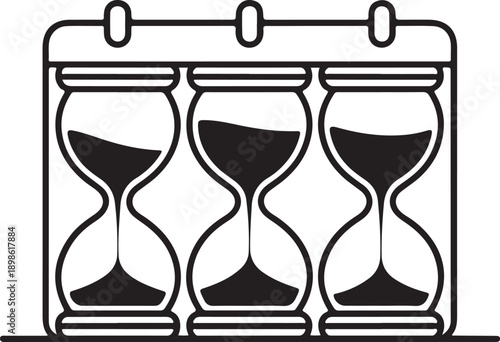 Three hourglass timers arranged inside a calendar frame to symbolize time management. Vector