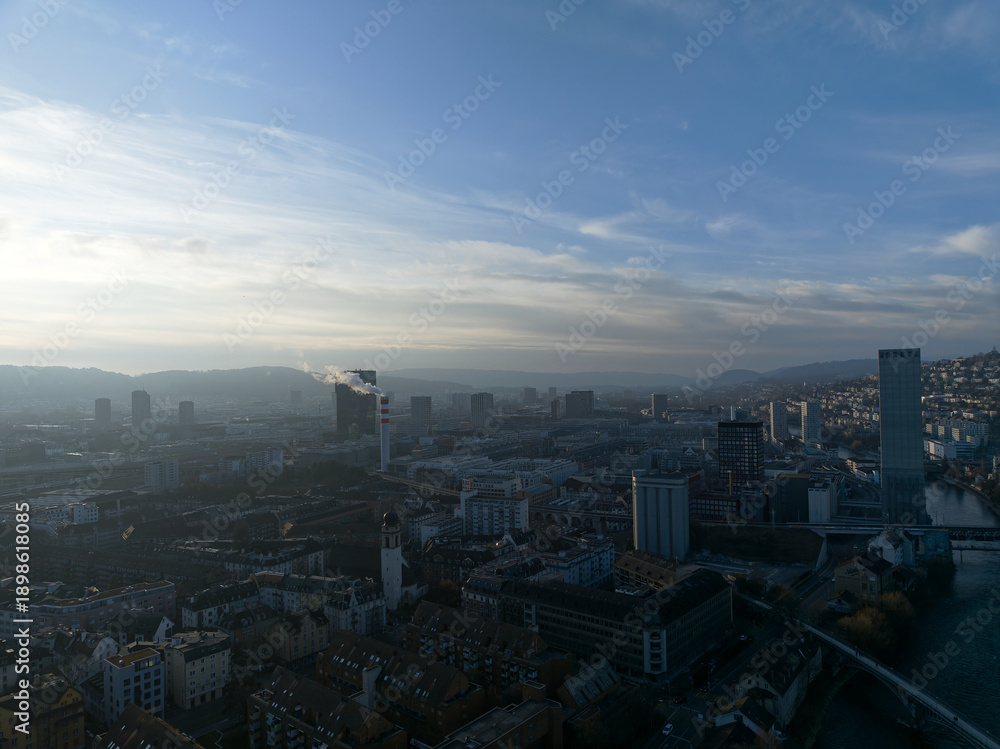 Obraz premium Aerial view of Swiss city of Zürich at industrial district on a Sunday winter sunset. Photo taken February 1st, 2026, Zurich, Switzerland.