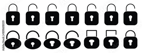 Black isolated icon of locked and unlocked lock on white background. Flat design. Set of Silhouette of locked and unlocked padlock.
