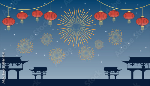Festive Night Scene with Red Lanterns, Fireworks, and East Asian Architecture for Lunar Celebration