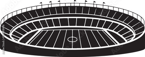 Aerial view silhouette of large stadium with football field markings against transparent background