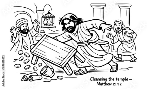 Jesus overturning tables in the temple, driving out merchants and animals