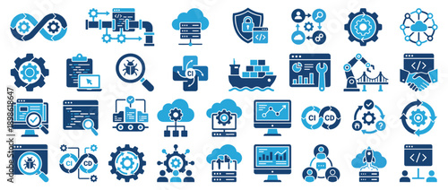 Blue Flat DevOps and Software Development Icon Set Featuring CI CD Pipeline Automation and Cloud Infrastructure