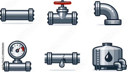 Vector icons of pipes, valves, and tanks.
