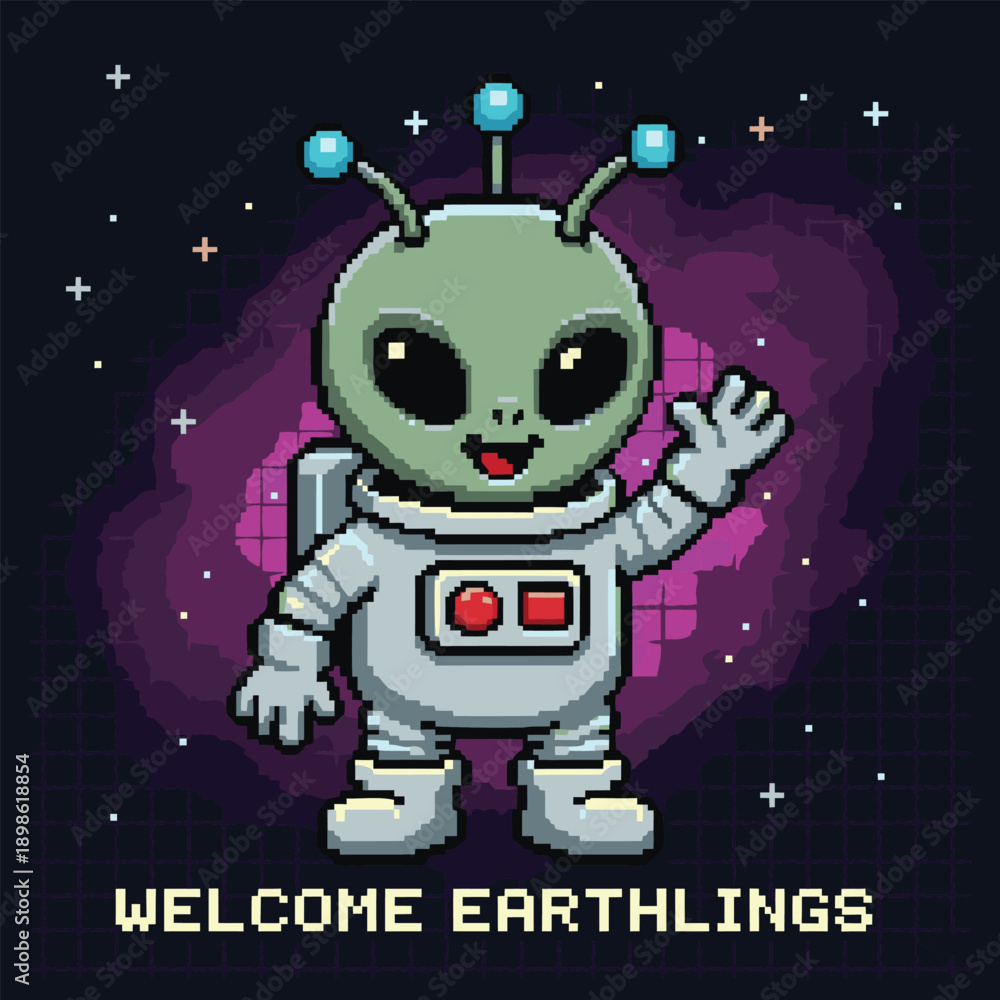 Naklejka premium Retro 8-Bit Pixel Alien Character - 