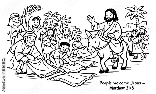 Jesus rides a donkey into Jerusalem as crowds lay down clothes and palm branches
