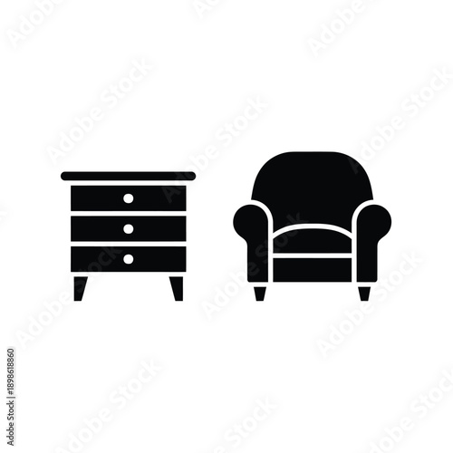 Simple black silhouettes depict a dresser and a comfortable armchair side by side