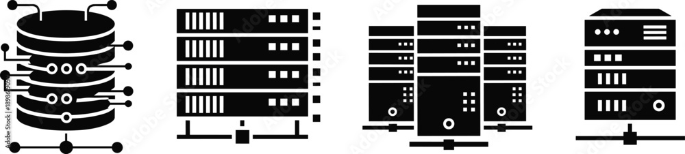 Obraz premium Server and database icons set representing data storage, cloud computing, hosting infrastructure and network technology symbols isolated on white background