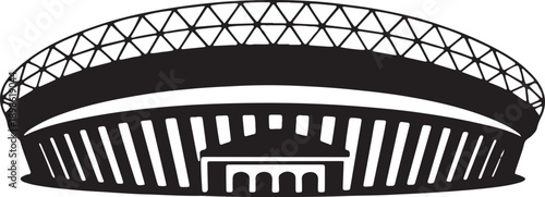 Exterior silhouette of modern large stadium with intricate roof design against transparent background