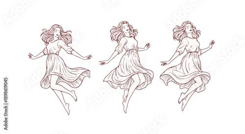 Three dancing women in flowing dresses in a line drawing style