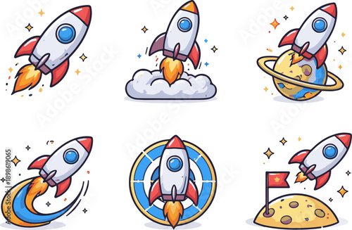 Vector icons of space rockets flying.
