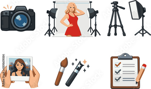 Vector icons of photo studio session elements.
