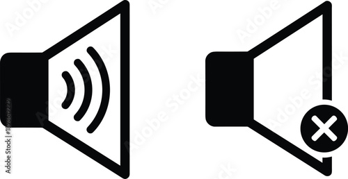 Speaker volume and muted audio icons set, sound on off symbols in solid style for media controls, audio settings, and user interface design