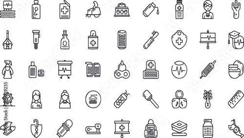 Print Comprehensive Healthcare and Medical Services Line Icon Set Featuring Professional Medical Staff Diagnostic Equipment Patient Care and Pharmaceutical Symbols