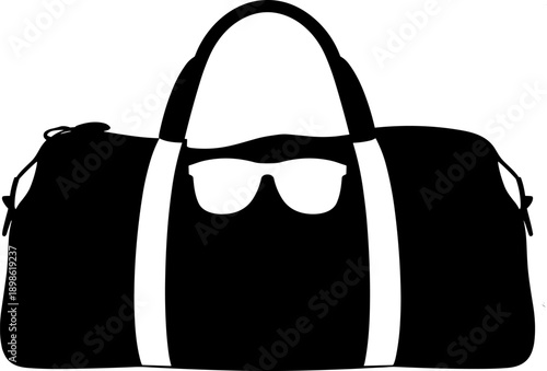 Stylish Monochrome Duffel Bag Silhouette Vector Icon with Sunglasses for Travel, Gym, and Vacation Essentials. Perfect Black and White Logo Element for Sports or Summer Trip Concepts.