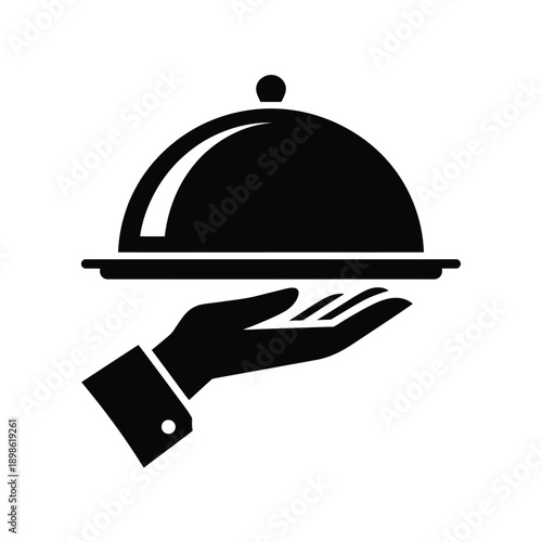 A black silhouette depicts a hand presenting a covered dish on a platter