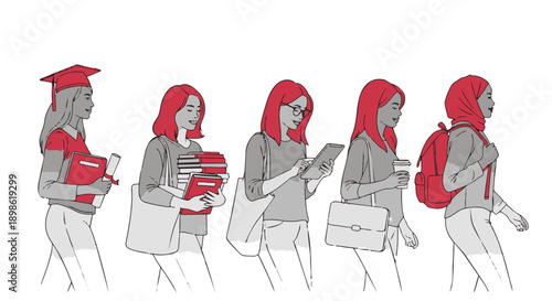 A series of illustrations depicting a female students daily life with school supplies
