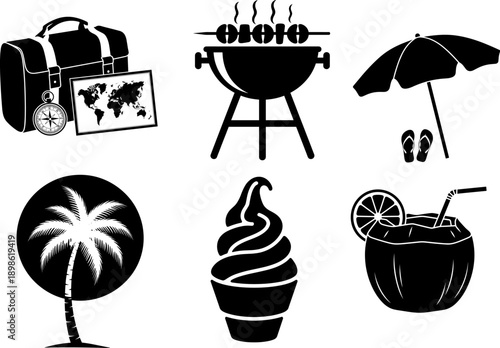 Comprehensive Summer Holiday & Travel Vector Icon Set: Black Silhouettes of Beach Umbrella, Luggage, World Map, BBQ Grill, Palm Tree, Soft Serve Ice Cream, and Coconut Cocktail.