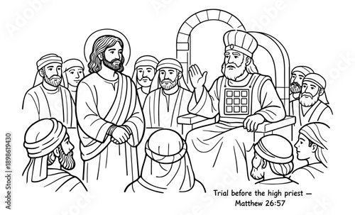 Jesus stands trial before the high priest and religious leaders in Jerusalem