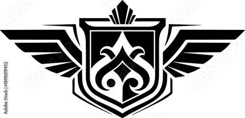 Black and white heraldic shield emblem with stylized wings for gaming and esports branding