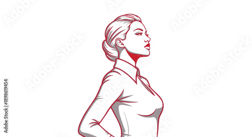 Woman in red line art style with her hands on her hips and looking to the side