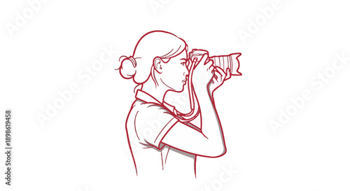 Woman taking a picture with a camera in a simple line art style