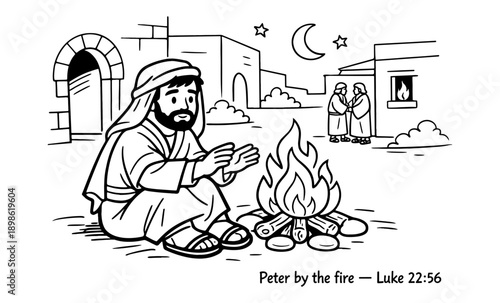 Biblical illustration of Peter warming himself by a fire at night, Luke 22:56