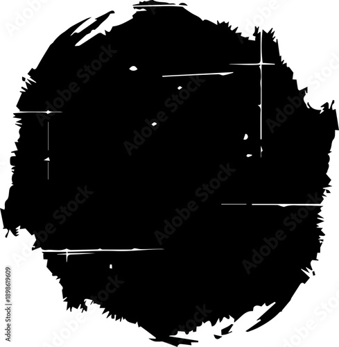 Textured black grunge circle brush stroke with distressed scratches on white background