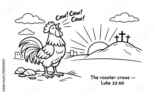 Rooster crows at sunrise near three crosses on a hill, biblical illustration