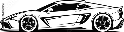 Sports car silhouette illustration showing modern supercar side view with aerodynamic design, luxury performance vehicle isolated on white background