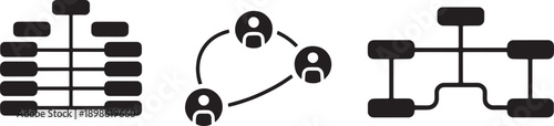 Set of three organization chart icons including hierarchical structures and network of people